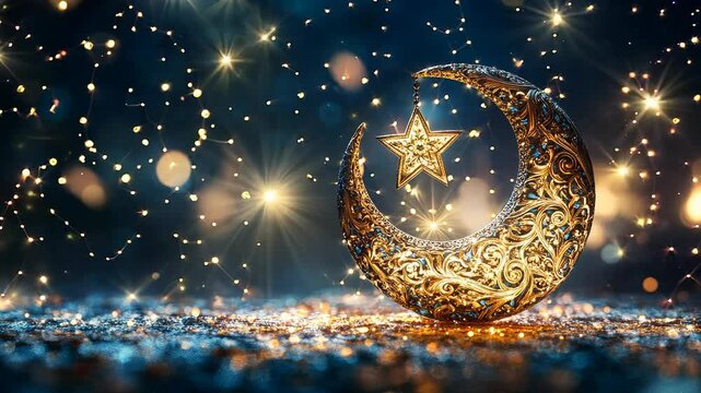 A beautifully decorated crescent moon and star, made of intricate patterns, symbolizing the holy month of Ramadan