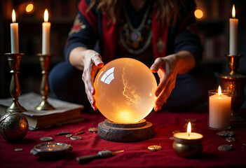 Fortune teller's hands close-up over a magical glowing ball. Clairvoyance concept