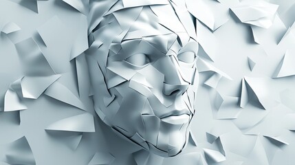 Obraz premium A sculpted face emerges from a backdrop of fragmented paper, symbolizing transformation and creativity.