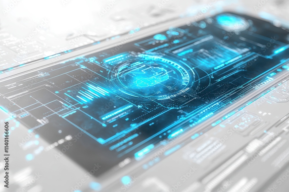 Poster futuristic digital interface with glowing elements and data visualization.