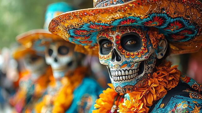 Day of the Dead parade with colorful costumes, remembering the departed 