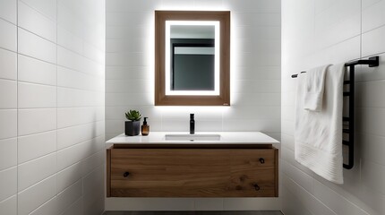 Fototapeta premium Modern Minimalist Bathroom Design: Sleek Vanity, Illuminated Mirror, and Heated Towel Rail