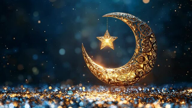 A beautifully decorated crescent moon and star, made of intricate patterns, symbolizing the holy month of Ramadan