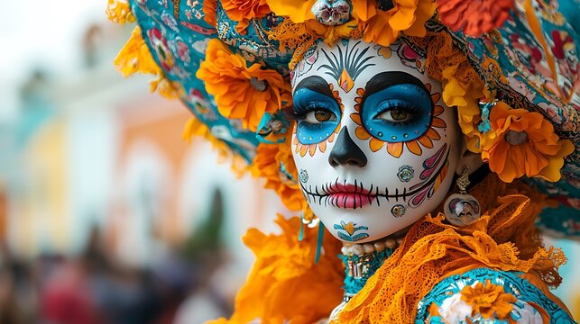 Day of the Dead parade with colorful costumes, remembering the departed 