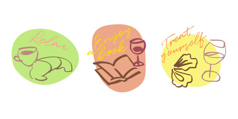 Self love motivational stickers, line art doodle illustrations