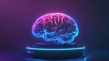 Artificial intelligence represented by a glowing holographic brain, futuristic and realistic depiction, isolated with dark gradient background for clarity.