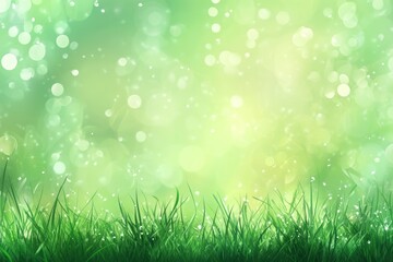 Fototapeta premium Fresh Green Grass with Dew Against a Beautiful Spring Bokeh Background