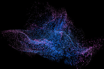 Colorful particles effect on black background. Blue and pink particles float on a dark background....