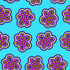 A seamless pattern with groovy hippie flower elements and geometric shapes in bright colors on a blue background. Great for backgrounds, wrapping paper, and fabric.