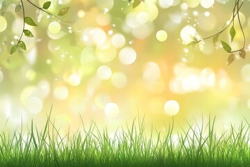 Obraz premium Fresh Spring Background with Dew on Green Grass and Bokeh Lights