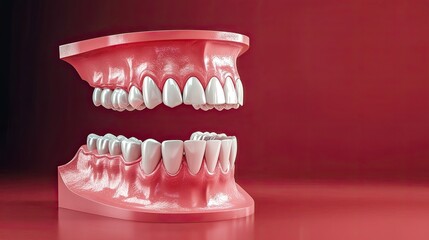 Obraz premium Medical 3D prosthetics concept. Dental model showcasing upper and lower jaw with realistic teeth on a vibrant red background.