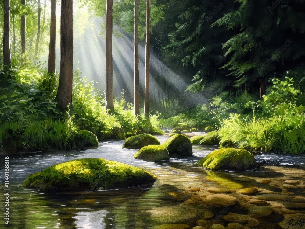 Poster tranquil forest stream with soft light and lush greenery in a natural setting