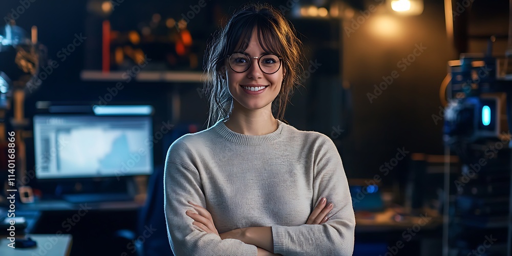 Poster portrait of a female game developer standing confidently in a tech studio