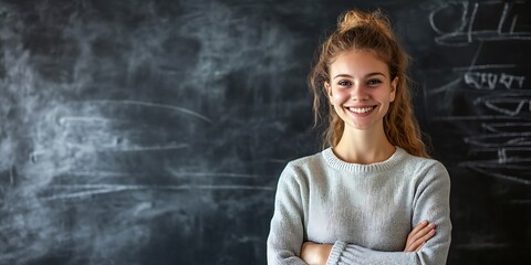 An Irish female teacher standing proudly in front of a blackboard in a school classroom, smiling