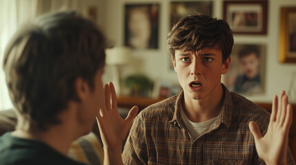 Fototapeta premium Teen arguing with a parent, expressing frustration in a living room filled with family photos
