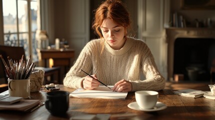 Creative inspiration young artist sketching in cozy studio warm atmosphere natural light personal reflection