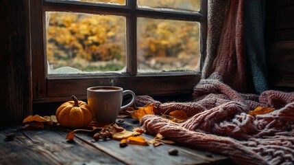 86.A cozy still-life setup near a wooden window, featuring a warm mug of coffee, soft autumn decor like dried leaves, small pumpkins, and a woolen scarf draped nearby. Soft natural light filters