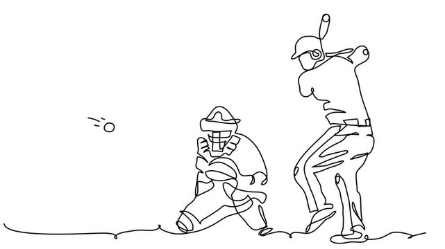 Baseball players catcher and batter man on their positions, animated illustration. One continuous self drawing line footage, animation of baseball players