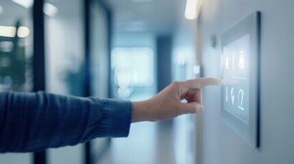Corporate office featuring automated lighting and climate control technology, with a hand adjusting smart panel settings for energy efficiency, enhancing workplace sustainability and modern innovation