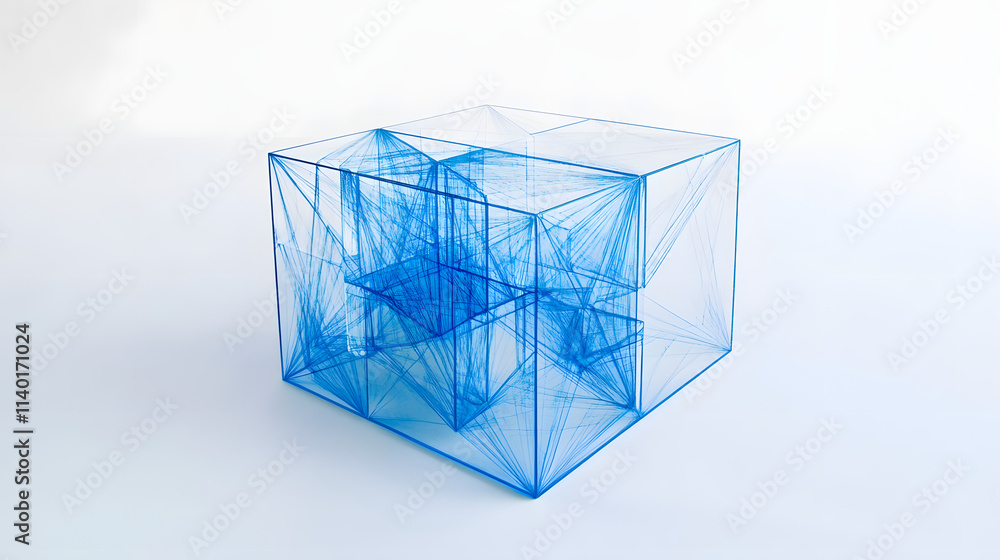 Poster 3d rendered transparent cube graphics with blue colors on a light background. illustration for digit