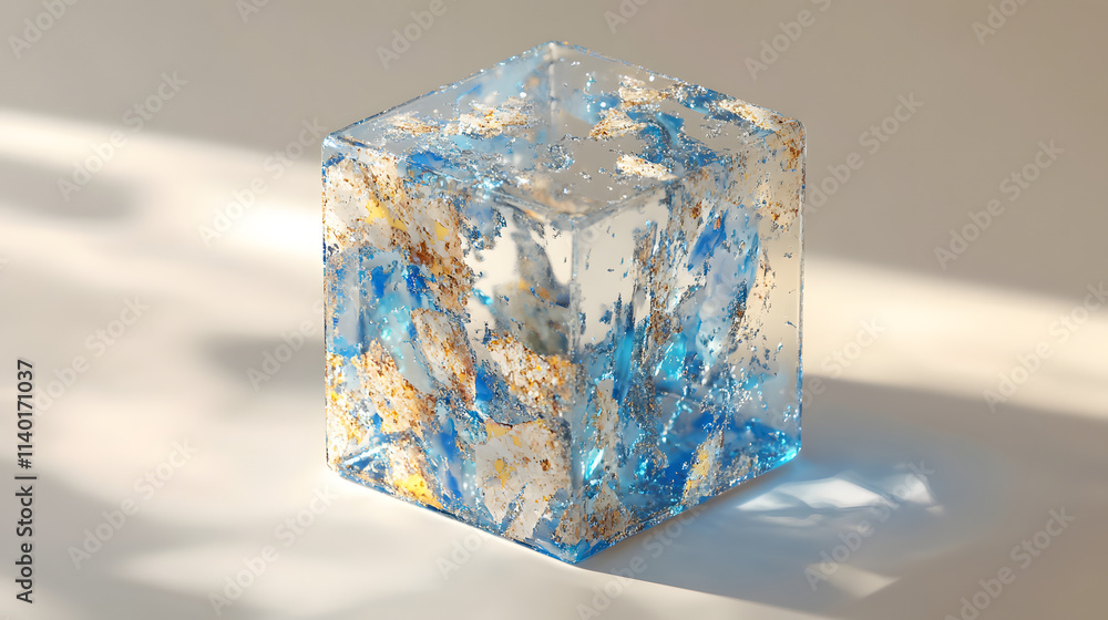 Poster 3d rendered transparent cube graphics with blue colors on a light background. illustration for digit