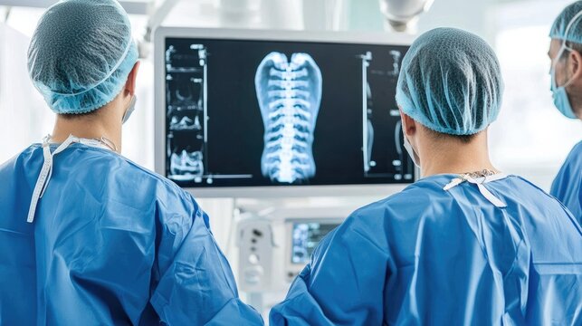 Medical prosthetics concept. Surgeons analyze an x-ray on a monitor in a medical environment, showcasing teamwork in healthcare.