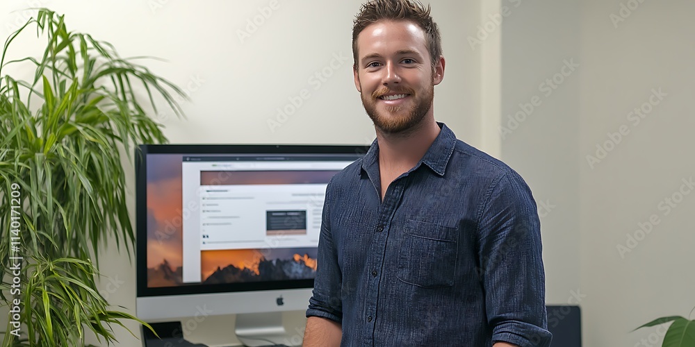 Poster australian male web designer standing confidently in front of a monitor displaying a website