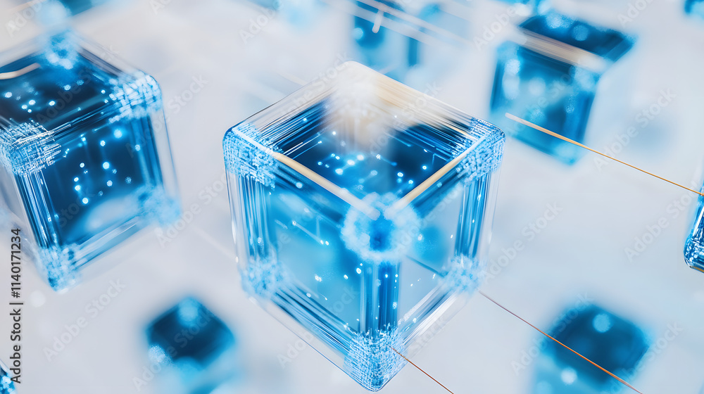 Poster 3d rendered transparent cube graphics with blue colors on a light background. illustration for digit