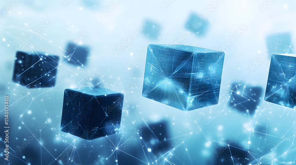 Poster 3d rendered transparent cube graphics with blue colors on a light background. illustration for digit
