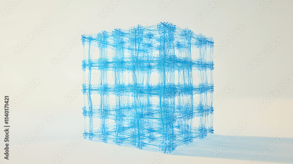 Poster 3d rendered transparent cube graphics with blue colors on a light background. illustration for digit