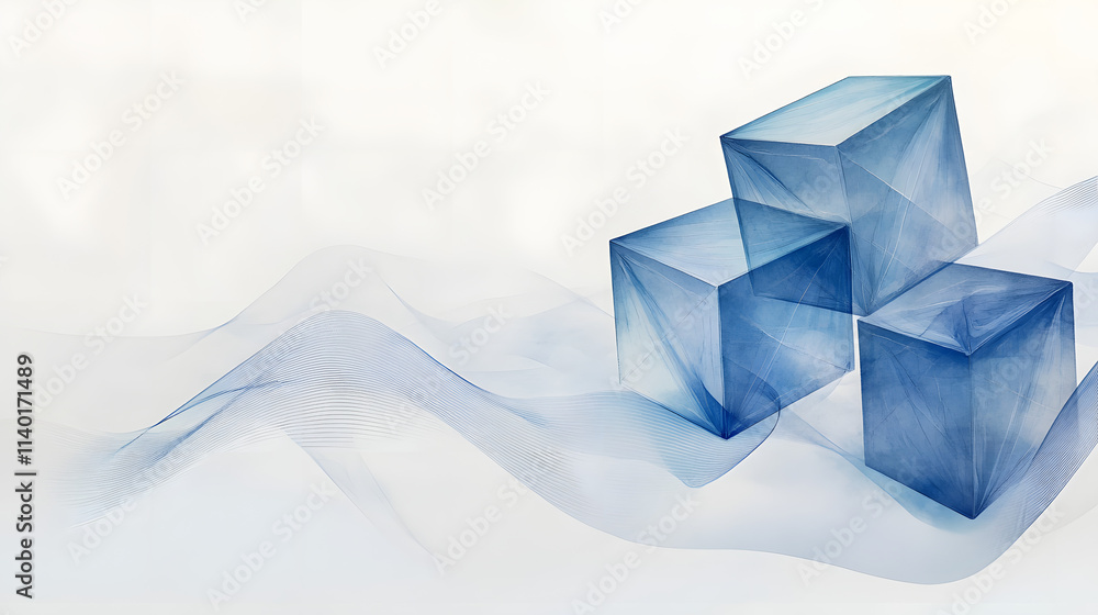 Poster 3d rendered transparent cube graphics with blue colors on a light background. illustration for digit