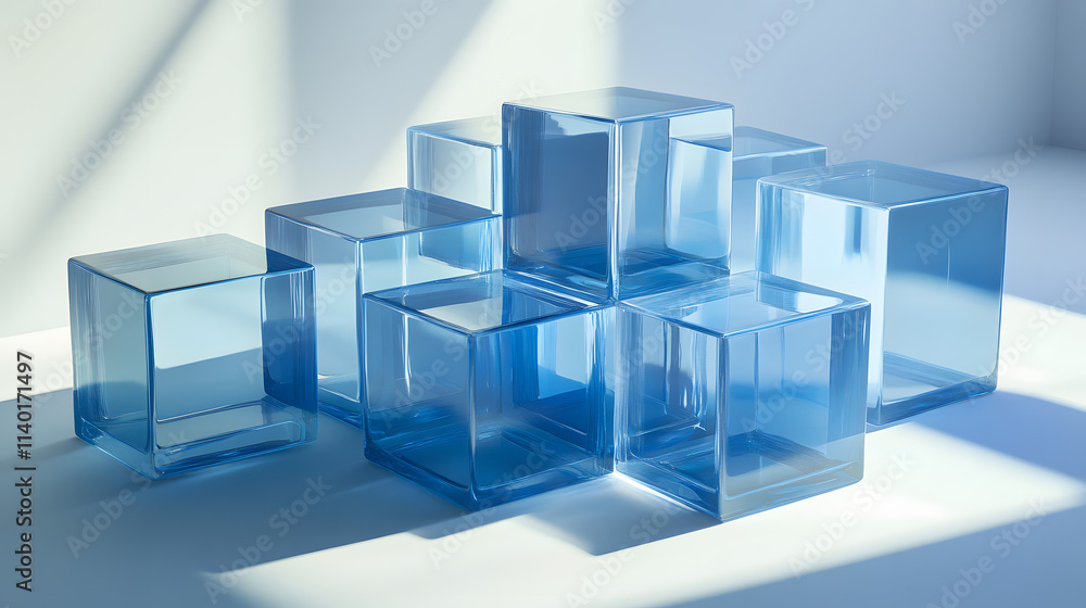 Poster 3d rendered transparent cube graphics with blue colors on a light background. illustration for digit