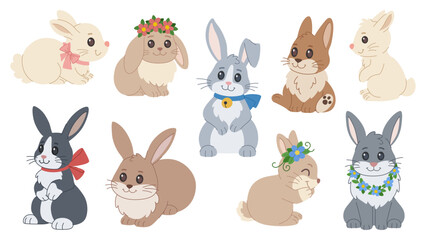 Cute Easter bunnies. Decorative rabbits in different poses and colors.