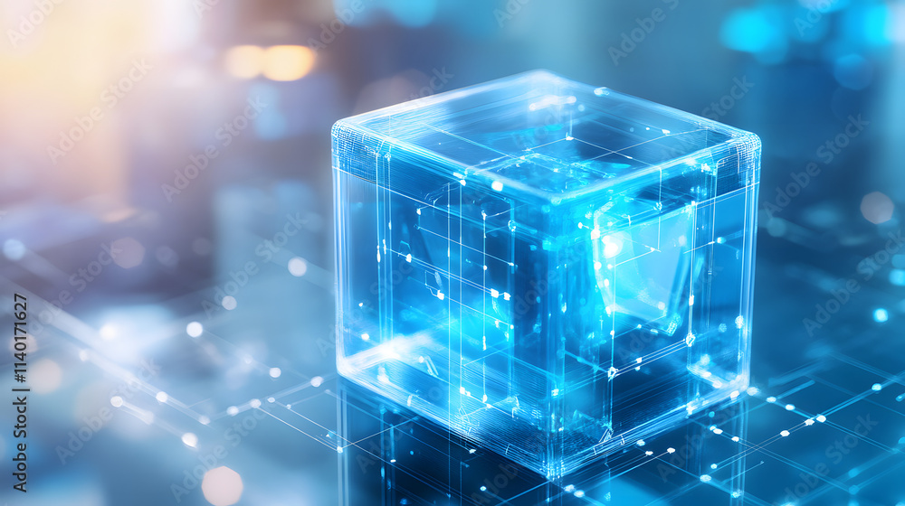 Poster 
3D rendered transparent cube graphics with blue colors on a light background. Illustration for digital concept or geometry. Visualization for modern perspectives and networks.