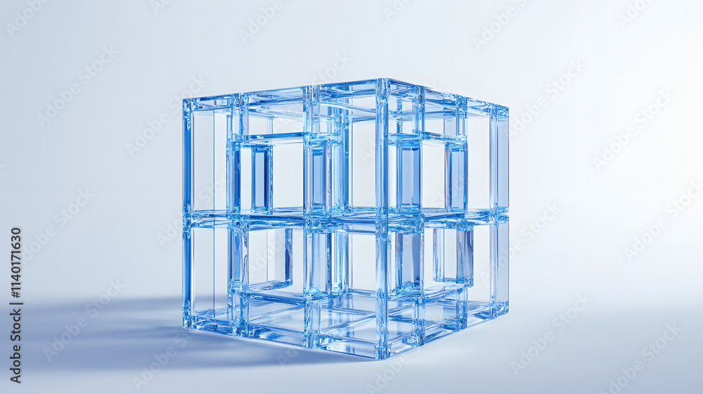 Poster 3d rendered transparent cube graphics with blue colors on a light background. illustration for digit