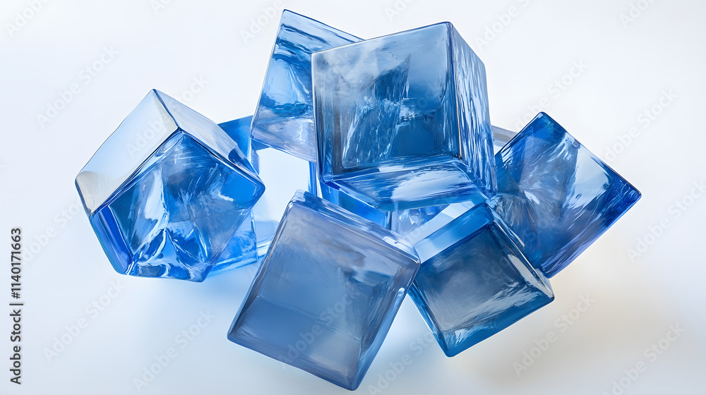 Poster 3d rendered transparent cube graphics with blue colors on a light background. illustration for digit