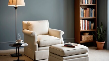 Relaxing Reading Nook: Cozy Armchair, Bookshelf, and Warm Lighting