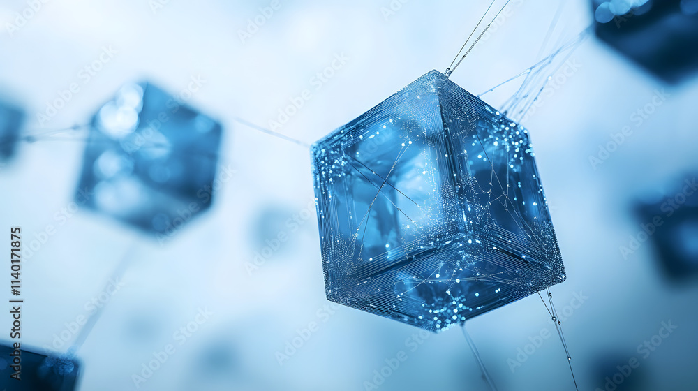Poster 3d rendered transparent cube graphics with blue colors on a light background. illustration for digit