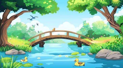 Cartoon illustration of a wooden bridge over a river.