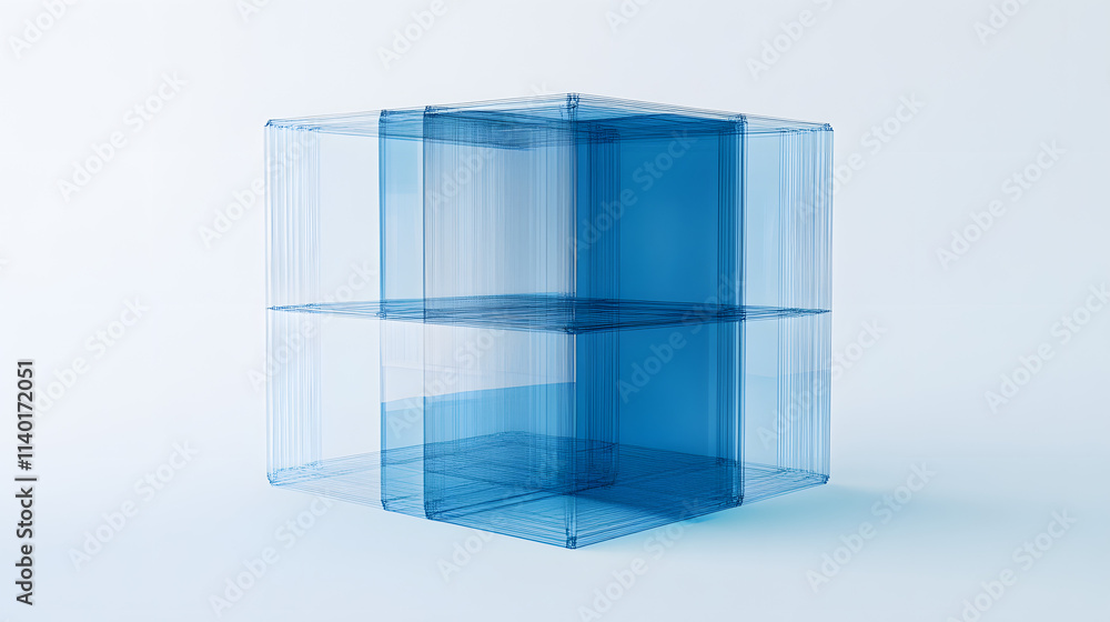 Poster 3d rendered transparent cube graphics with blue colors on a light background. illustration for digit