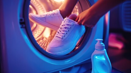 Woman putting white sneakers into washing machine.