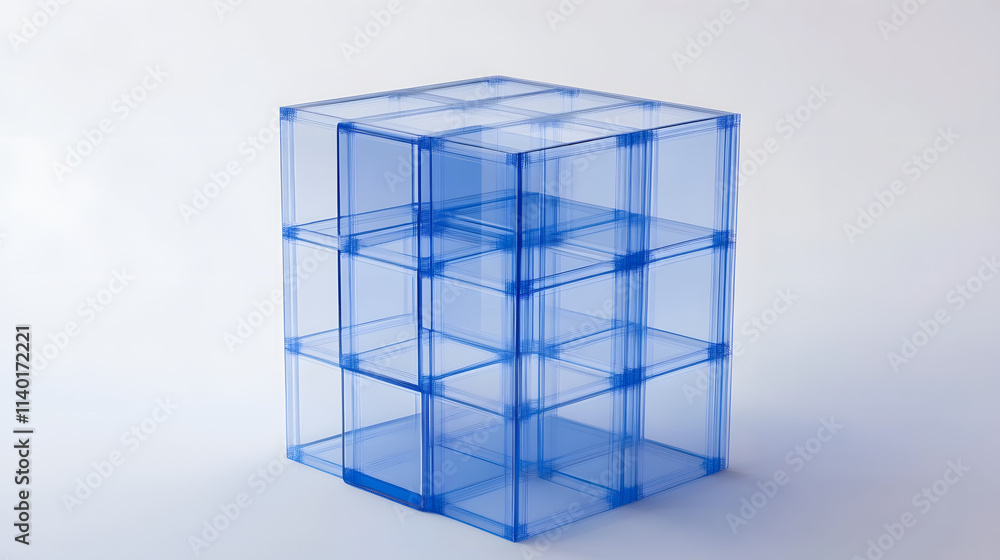 Poster 3d rendered transparent cube graphics with blue colors on a light background. illustration for digit