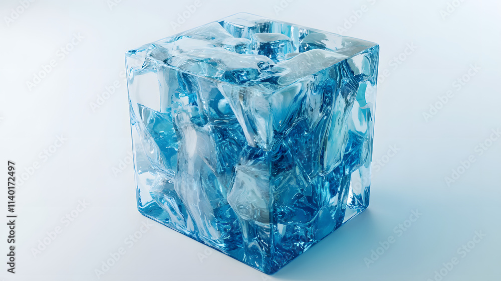 Poster 3d rendered transparent cube graphics with blue colors on a light background. illustration for digit