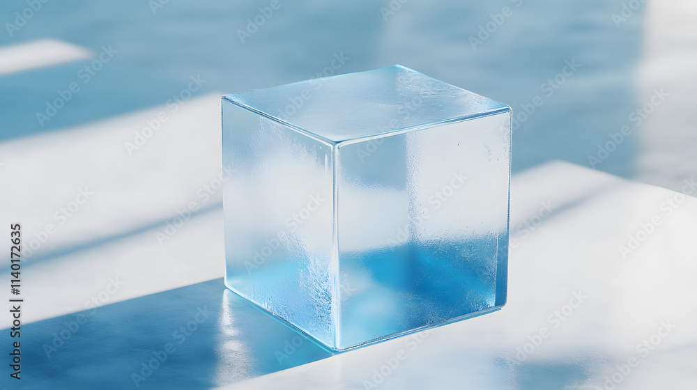 Poster 3d rendered transparent cube graphics with blue colors on a light background. illustration for digit