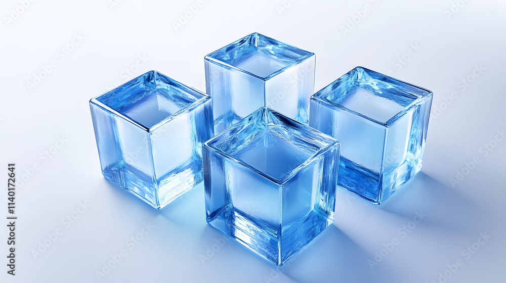 Poster 3d rendered transparent cube graphics with blue colors on a light background. illustration for digit