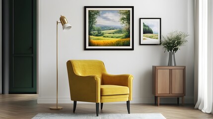 A cozy living room featuring a yellow armchair, artwork, and a floor lamp.