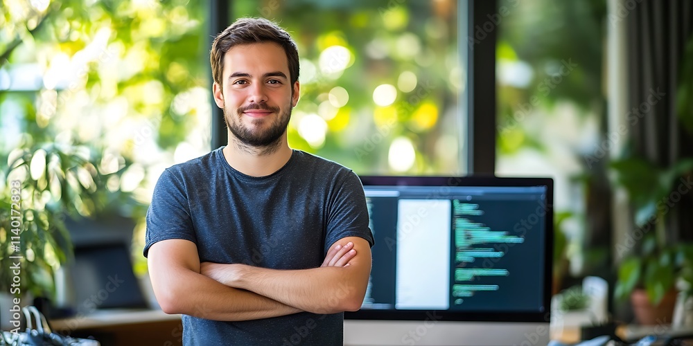Poster portrait of a male web developer standing confidently in front of a computer with code on the screen