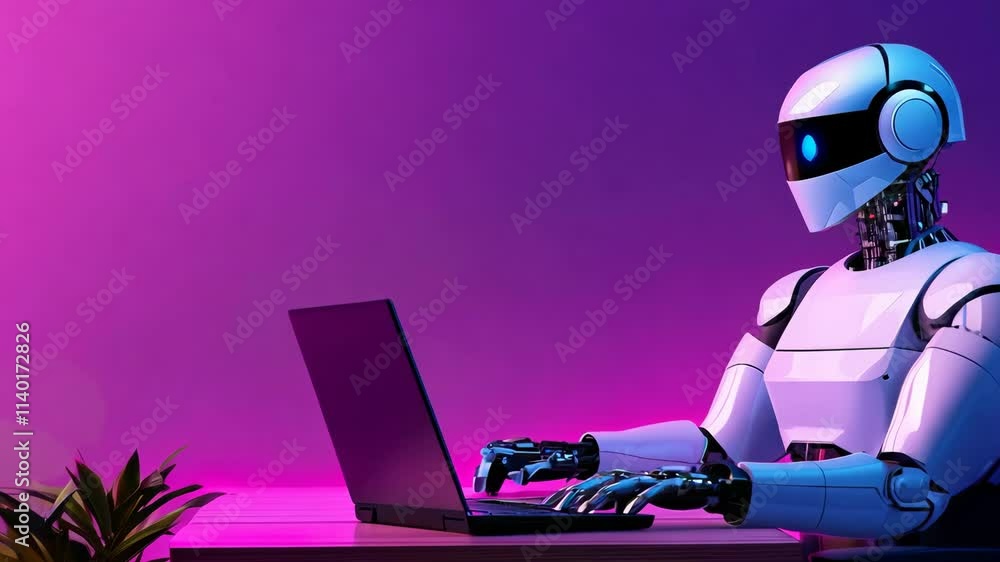Poster future workforce, modern robotic assistant working on a computer, representing artificial intelligen