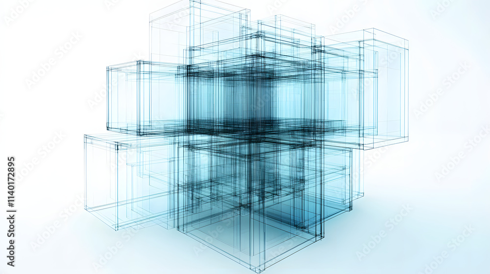 Poster 3d rendered transparent cube graphics with blue colors on a light background. illustration for digit