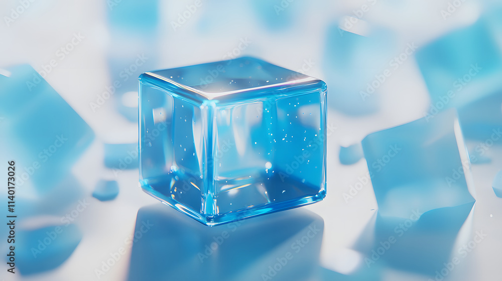 Poster 3d rendered transparent cube graphics with blue colors on a light background. illustration for digit